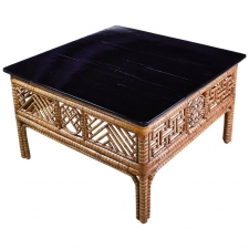 Antique Chinese Bamboo Square Coffee Table with Black-Lacquered Top, circa 1850