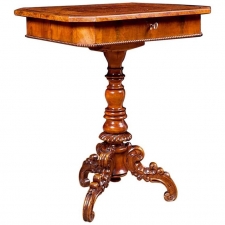 Side Table in Walnut and Burl Walnut with Turned and Carved Center Pedestal, England, c. 1850