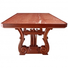 Dining Table in Mahogany with Carved Lyre Trestle Base and Inset Marble Top