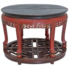 Antique Carved Red Lacquered Chinese Center Table or Pair of Demilune Tables