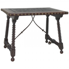 19th Century Spanish Walnut Table with Embossed Leather Top & Wrought Iron
