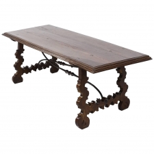 18th Century Spanish Guard Room Dining Table with Trestle & Forged Iron Stretcher, circa 1750