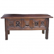 English Tudor-Style Library Table in Oak with Antique Carved Elements, circa 1880