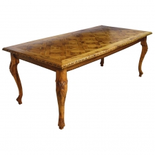 Solid Repurposed European Oak Parquetry-Top Dining Table with Carved Cabriole Legs